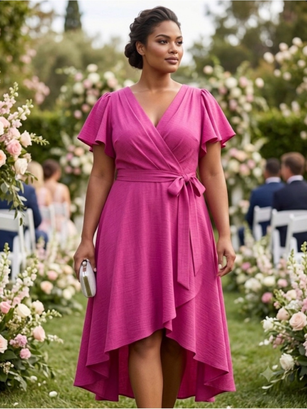 DKNY Fuchsia Wrap High-Low Dress with Flutter Sleeves